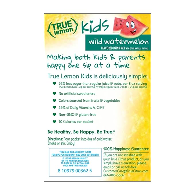 TRUE LEMON KIDS Wild Watermelon (10 Packets) - Hydration for Kids - No Preservatives, No Artificial Flavors & Sweeteners - Low Sugar Water Flavoring - Juice Powdered Drink Mix