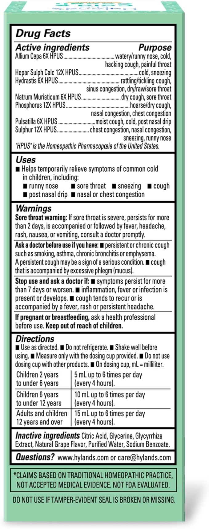 Hyland's Kids Cold and Cough, Daytime Grape Flavor Cough Syrup Medicine for Kids Ages 2 and up, Decongestant, Sore Throat Relief, Natural Treatment for Common Cold Symptoms, 4 Fl Oz