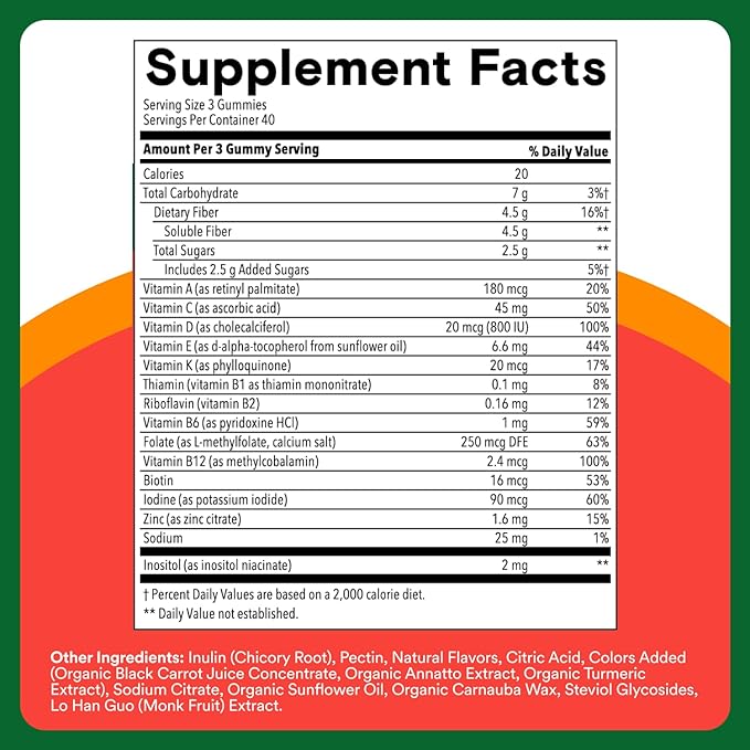 SmartyPants Kids Multivitamin & Fiber Gummies: Prebiotic Fiber to Support Kids Digestion with Vitamin D3, C, Vitamin B12, B6, A, Zinc, Biotin, Folate, Three Fruit Flavors, 120 Count (40 Day Supply)