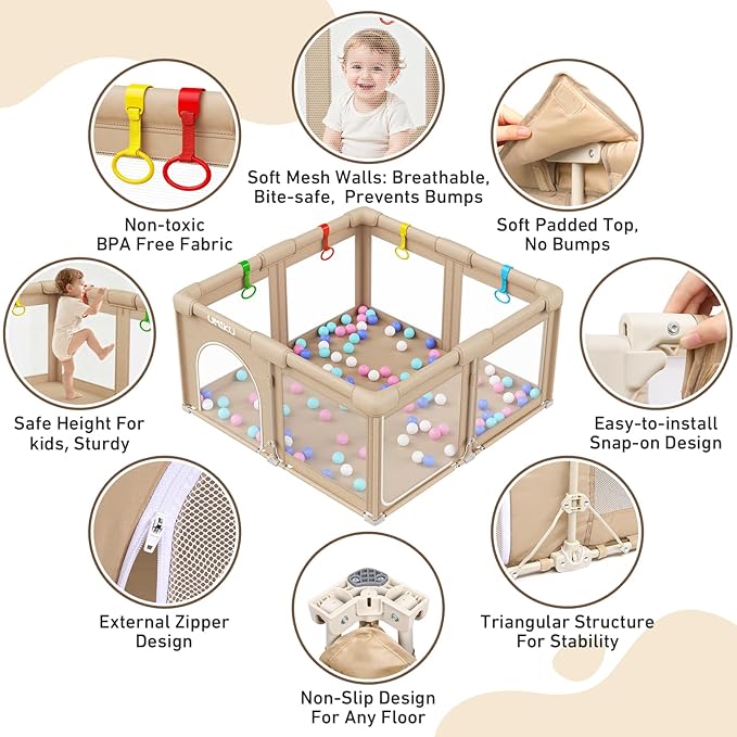 Baby Playpen Foldable Playpen for Babies and Toddlers, Large Playpens Portable Play Pen with 2 Doors Play Yard for Kid Fence Indoor Outdoor 4 Handlers 50 Balls Baby Newborn Infant Gifts 50"X50" Khaki