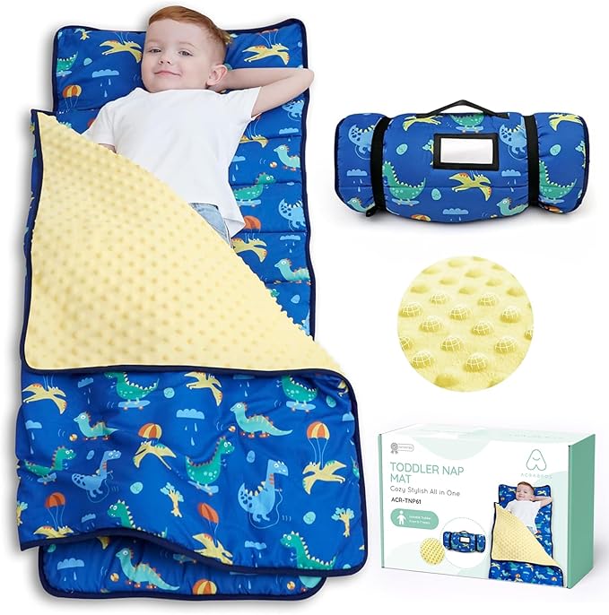 ACRABROS Toddler Nap Mat with Pillow and Blanket, Large Rolled Napping Mats,Slumber Bags for Boys Girls,Kids Sleeping Bag for Daycare, Preschool Travel