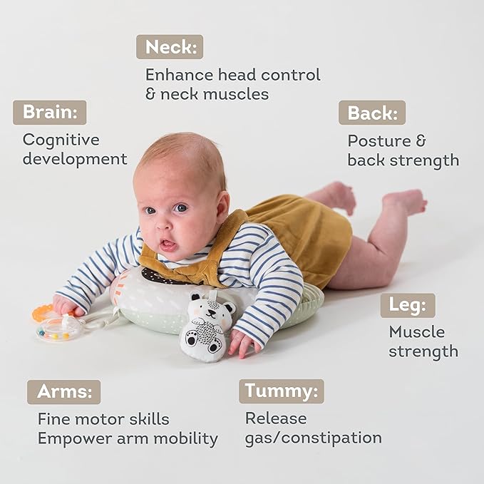 Taf Toys Ergonomic Tummy Time Support Toy with Teether and Rattle - Soft and Supportive Baby Toy for Enhanced Motor Skills Development