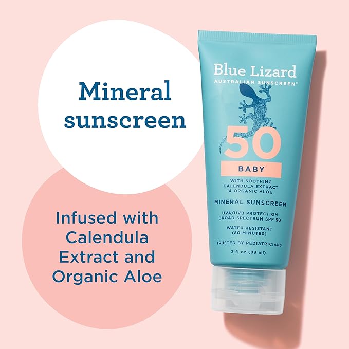 BLUE LIZARD Baby Mineral Sunscreen with Zinc Oxide, SPF 50+, Water Resistant, UVA/UVB Protection with Smart Cap Technology - Fragrance Free, 3 Ounce Tube