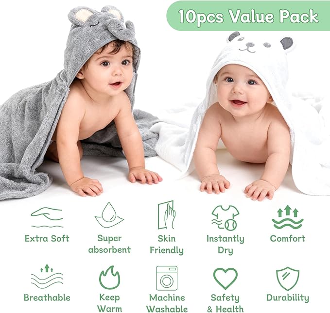 10 PCS Baby Towels Set - 2 Hooded Towels & 8 Washcloths, Ultra Soft & Absorbent Bath Towels for Newborn, Infant, Toddler, Baby Shower, Daily Use, Cute Animal Design