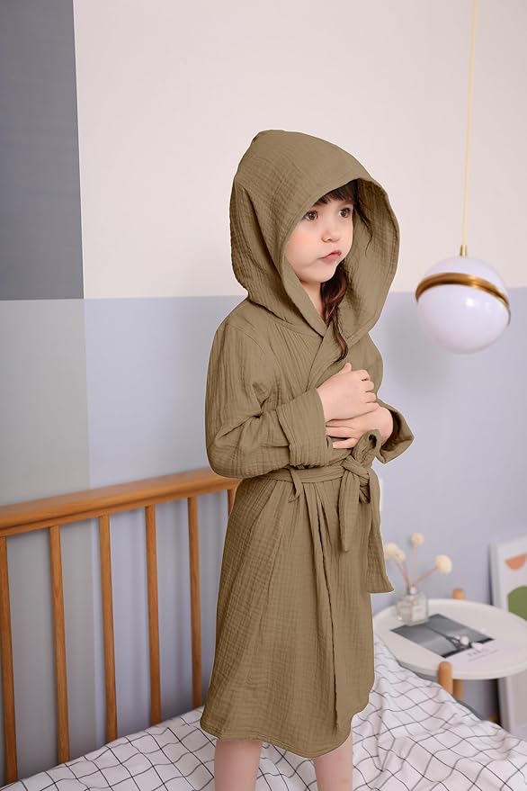 Organic Cotton Toddler Bathrobe, Soft and Breathable Baby Robe for Kid, Boy& Girl Hooded Robe Muslin