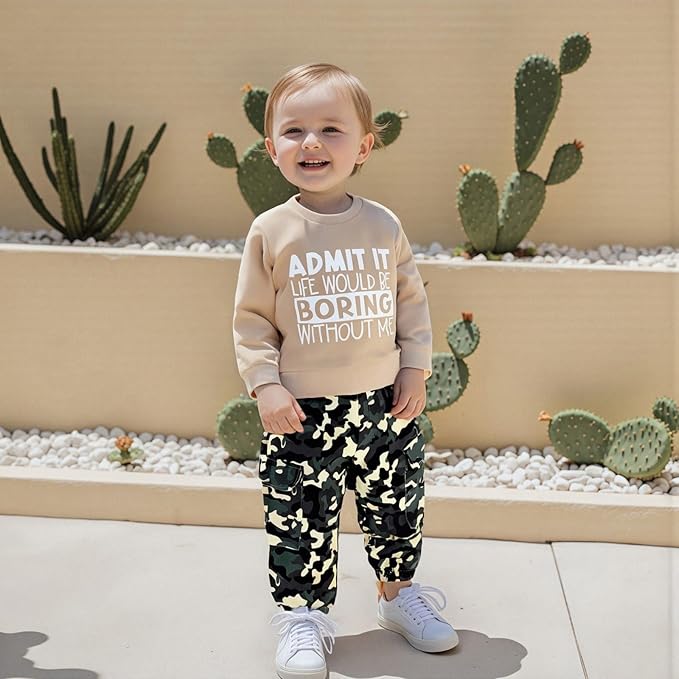 wdehow Toddler Kids Baby Boy Fall Outfits 1T 2T 3T 4T 5T Letter Print Long Sleeve Tops Camouflage Pants Winter Clothes Sets