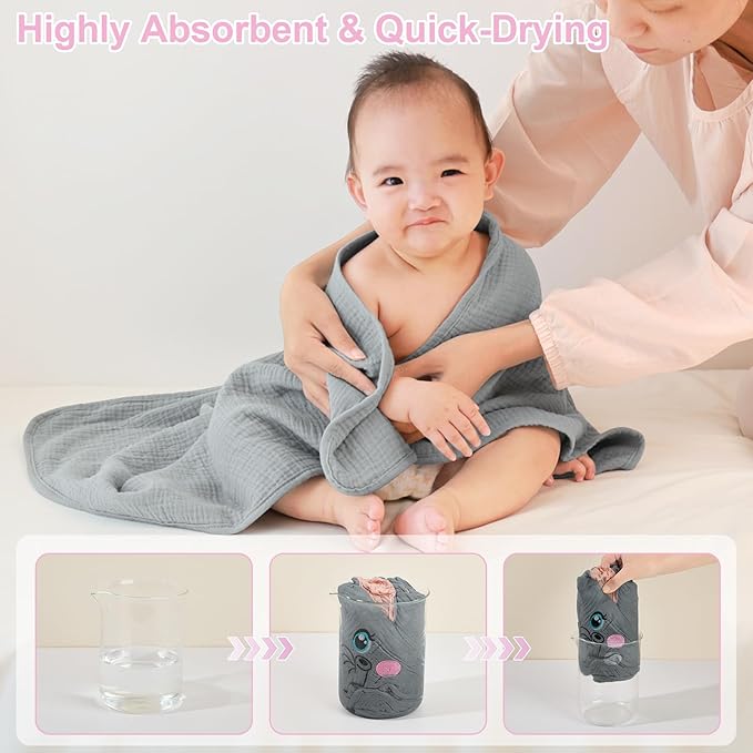 FIOBEE Hooded Baby Towels 100% Muslin Baby Bath Towels for Newborn with Animal Design Ultra-Soft and Absorbent Bath Essentials for Toddler, Unisex Girls Boys 30 x 30 inch, Gray Elephant
