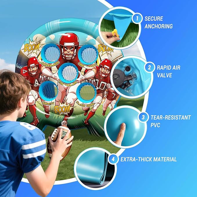 6Ft Inflatable Football Target Toss Game - Giant Outdoor Carnival Party Games for Backyard & Tailgate - Arcade Sports Toy with Electric Pump - 4 Easy-Grip Balls Gifts for Boys 3 4 5 6 7 8-12 Year Old