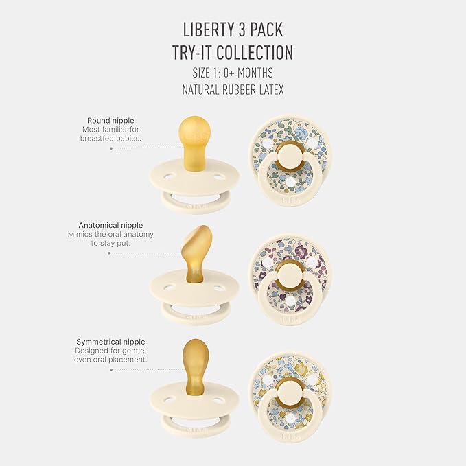 BIBS Colour Liberty Try-It Collection: 3 Soothers for Your Baby's Unique Needs, Round Nipple. Natural Rubber Latex, Made in Denmark, 0+ Months (Pack of 3), Eloise