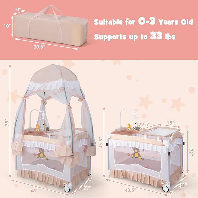 BABY JOY 4 in 1 Pack and Play with Canopy, Portable Baby Playard with Bassinet, Double-Layer Baby Crib, Wheels & Brake, Foldable Baby Girl Pink Bassinet from Newborn to Toddler