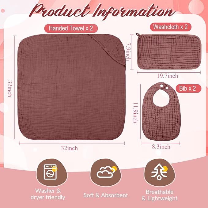 6 Pcs Muslin Hooded Bath Towels Washcloths and Bibs Set, Muslin Cotton Baby Towels Absorbent Hooded Blanket Towel Infant Bibs for Boys Girls Newborn Infant Essential (Dusty Rose, Deep Rose)