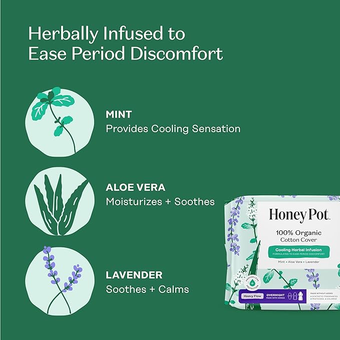 The Honey Pot Company - Herbal Sanitary Pads for Women - Heavy Flow Overnight w/Wings - Infused w/Essential Oils for Cooling Effect & Organic Cotton Cover - Feminine Care - 16 ct