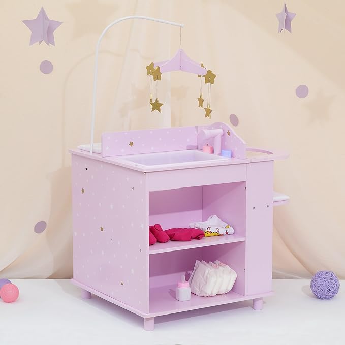 Olivia's Little World Baby Doll Changing Station with Built-in Baby Doll High Chair, Closet, Shelves, Sink, Overhead Mobile, & Baby Doll Clothing Hangers for up to 18 Inch Dolls, Purple Stars