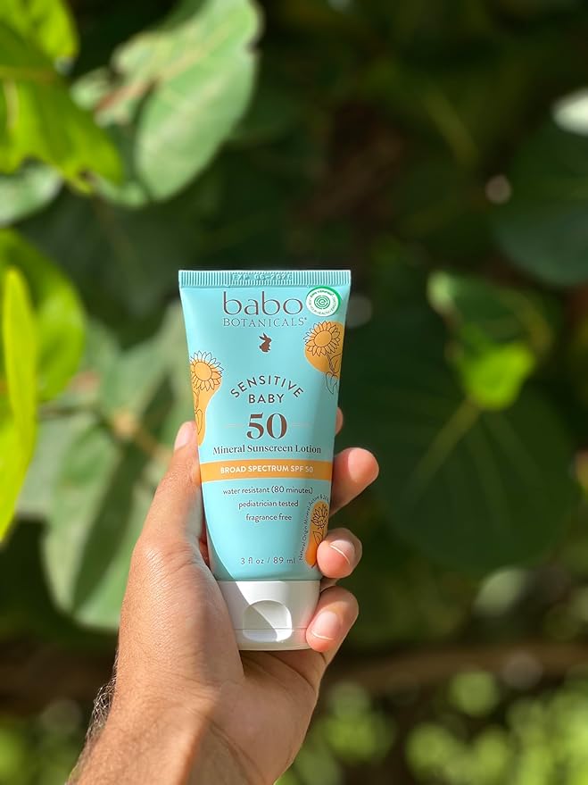 Babo Botanicals Sensitive Baby Mineral Sunscreen Lotion SPF50, Natural Zinc Oxide, Face & Body, Fragrance-Free, Water Resistant, EWG Verified, Vegan, Extra Sensitive Skin, For Babies/Kids (Pack of 2)
