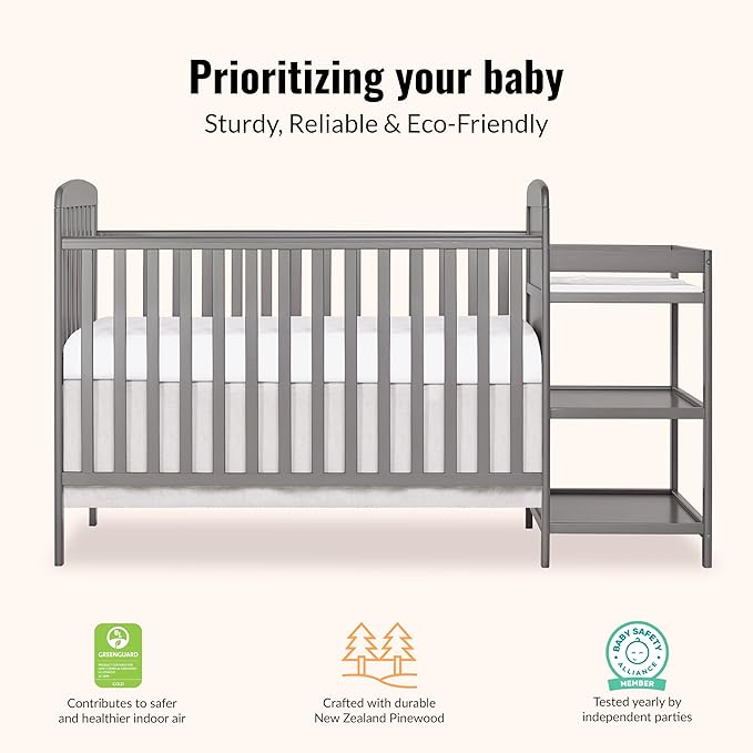 Dream On Me Anna 3-in-1 Convertible Full-Size Baby Crib & Changer with Storage in Steel Grey, GreenGuard Gold & JPMA, Pinewood, Converts to Day & Toddler Bed, 3 Mattress Heights, 1″ Changing Pad
