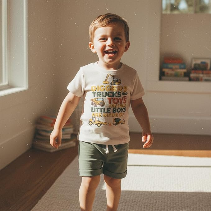 Toddler Baby Boy Clothes Summer Short Sleeve Trucks Tractors Print T-Shirt Tops Solid Color Shorts Set Casual Outfit