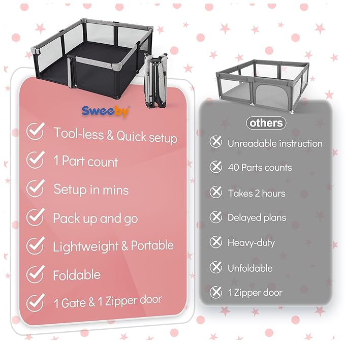 Sweeby Baby Playpen, 79x71 Inch Foldable Playpens for Babies and Toddlers with Gate, Extra Large Playpen with Door Play Yard for Baby Fence Indoor and Outdoor Play Pen, Obsidian Black