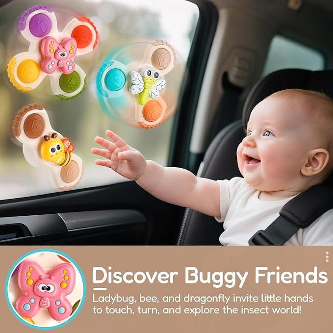 ALASOU 3PCS Pop Suction Cup Spinner Sensory Airplane Travel Toys for 1 Year Old Boy Girl Infant Toddlers|Novelty Spinning Tops 12 18 Months|1 2 Year Old Boy Birthday Gift|Baby Bath Toy Kids Ages 1-3