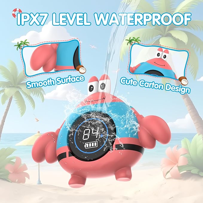 BabyElf Rechargeable Baby Bath Thermometer – Floating Crab Water Temperature Thermometer for Baby Bath, Automatic Sensing, Hot & Cold Alert, Waterproof Bathtub Thermometer for Newborns