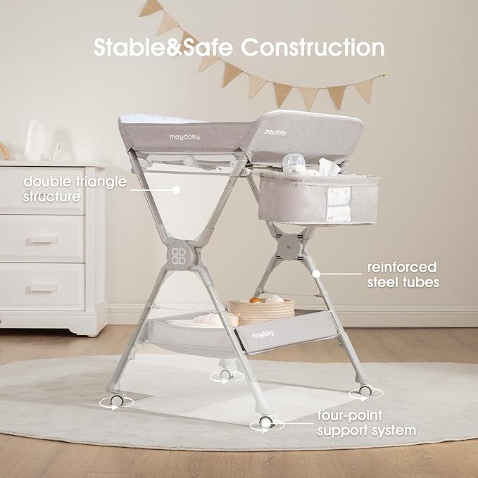 Maydolly Changing Table，Portable Diaper Changing Station, Foldable Baby Changing Table,Compact Nursery Diaper Changing Table for Baby，Adjustable Height，Mobile on Wheels (Grey)