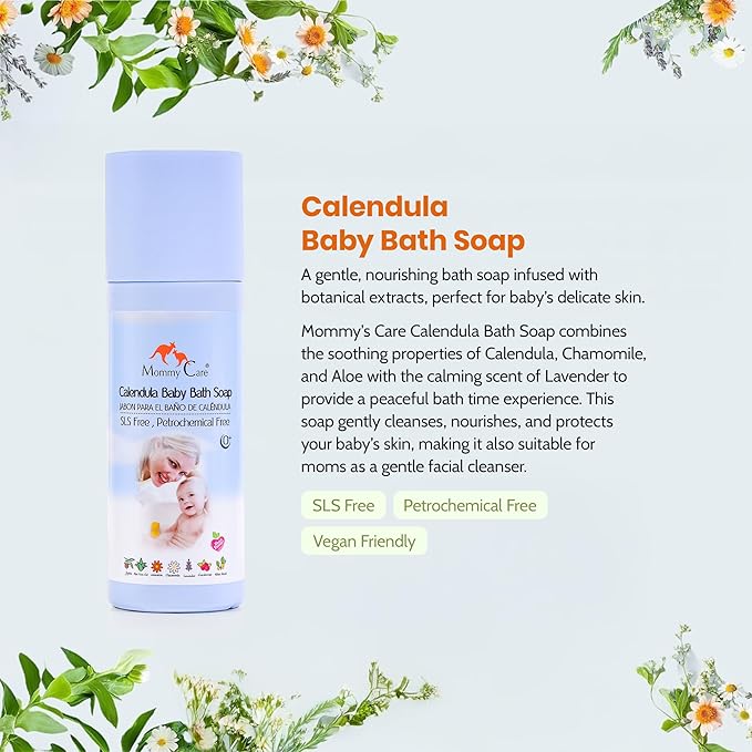 Mommy Care Calendula Baby Bath Soap – Gentle & Nourishing with Organic Calendula, Chamomile & Aloe, Lavender Scented, SLS-Free, 400ml / 13.5 fl oz
