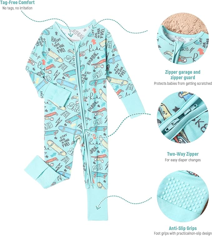 OPAWO Viscose from Bamboo Baby Pajamas Girl 2pack Mittens Cuff 2 Way Zipper Soft Footless Sleeper Baby Boy One-Piece Romper