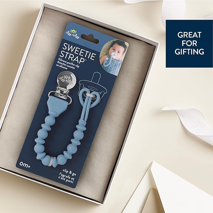 Itzy Ritzy Silicone Pacifier Clip; 100% Food Grade Silicone Pacifier Strap with Clip Keeps Pacifiers, Teethers & Small Toys in Place Features One-Piece Design & Cord (Blue)