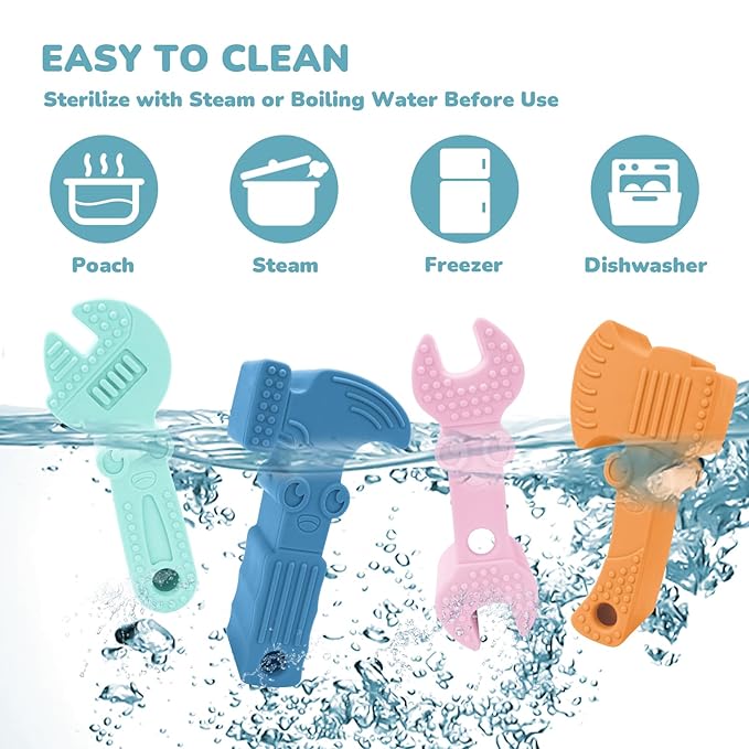 TYRY.HU Baby Teething Toys for Babies, Baby Teether Toys, BPA Free Silicone Baby Molar Teether Chew Toys, Hammer Wrench Spanner Pliers for Boys Girls, Soft-Textured, Easy to Hold & Clean, 4 Packs