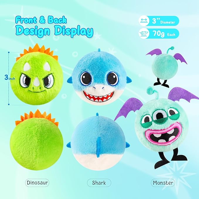 ZOOJOY 3 Pcs Plush Bouncy Balls for Toddlers and Kids, 3-Inch High Bounce Sensory Toys Featuring Dinosaur, Shark & Monster, Soft Game Balls Gift for Boys 6 Months+, Indoor & Outdoor Play