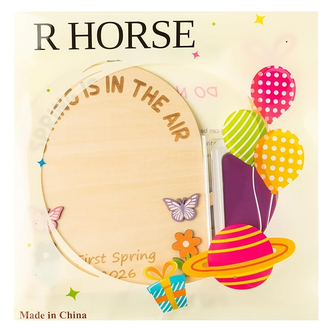 R HORSE 3D Baby's First Spring DIY Footprint or Handprint Art Sign, Spring is in The Air Wooden Hanging Decoration, Newborn Keepsake Craft Gift for Unisex Baby 1st Birthday Baby Shower Photo Prop