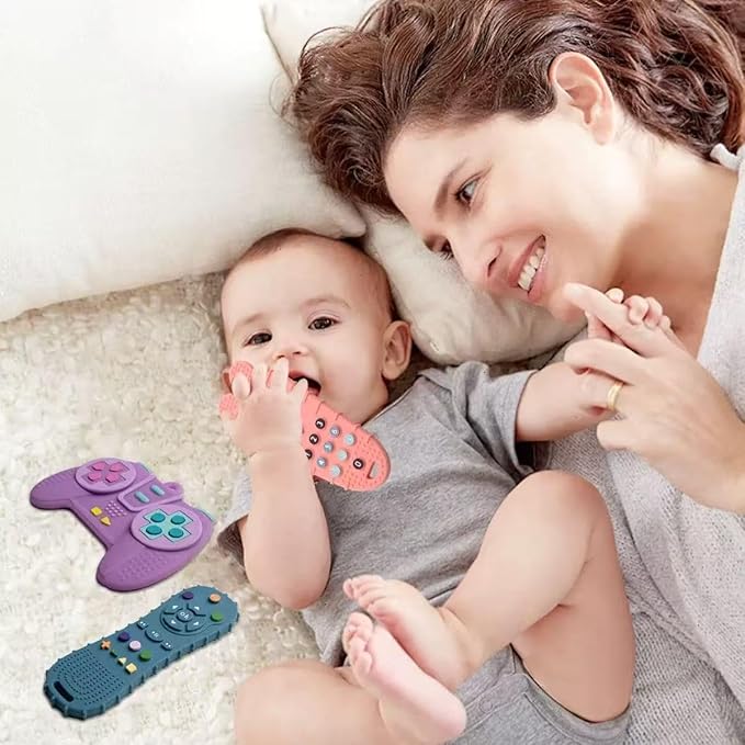 Baby Teething Toy, Soft TV Remote and Game Controller Shape Chew Set, Educational Toy for Intellectual Development, Safe Silicone for Toddler and Infant (Blue (Remote Control))