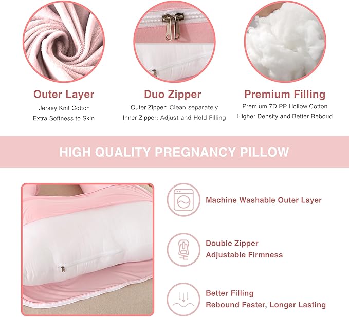 ALLOPERA Pregnancy Pillow, Full Body Maternity Pillow 57 inch, with Removable Washable Cover - Sleep Support for Legs, Back, Neck, Shoulder, HIPS, Belly for Pregnent Women, Jersey Knit Cotton (Pink)