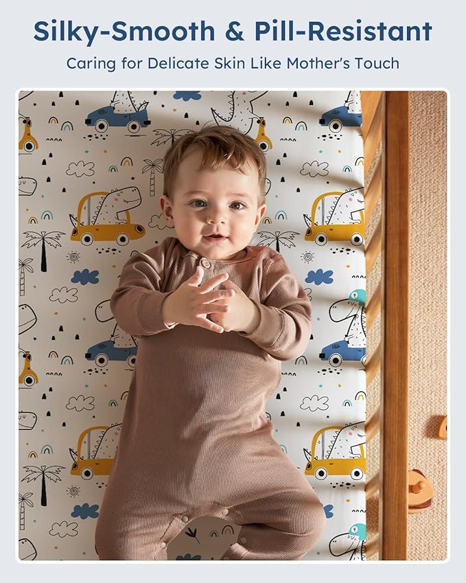 Baby Crib Sheets for Boys Girls, 28x52x8in Fitted Crib Sheet Neutral 3 Pack for Standard Crib and Toddler Mattress, Breathable Soft Microfiber Baby Sheet Grey & Blue Car