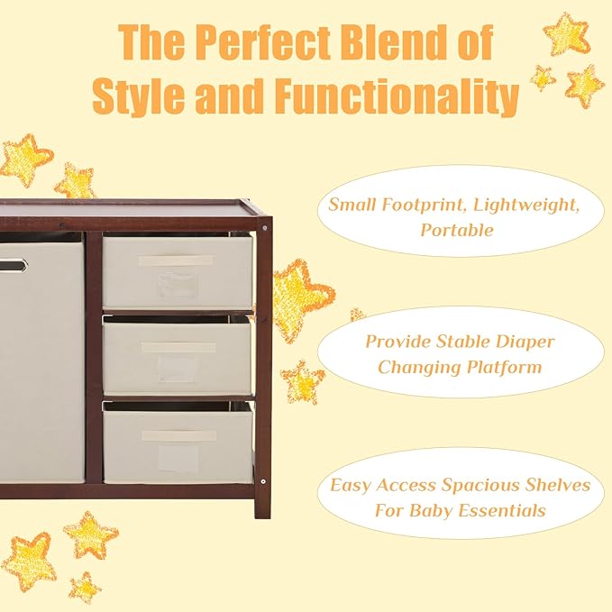 Karl home Modern Baby Changing Table,Dresser Baby Diaper Changing Station with Laundry Hamper,Infant Nursing Table with 3 Storage Drawers,Removable Safety Rail & Strap for Bedroom,Nursery,Brown