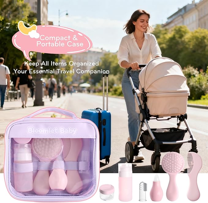 Baby Care Kit, Baby Grooming Kit,6-Piece Newborn Grooming Set with PP Baby Comb & Brush, Silicone Nasal Aspirator, Travel Bottles (60ml/20ml), Toothbrush, Newborn Care Set (Pink)