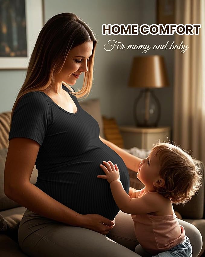 Neer 3 Pack Women's Ribbed Maternity Tops Pregnancy Round Neck Shirts Short Sleeve Soft Maternity Clothes for Mama