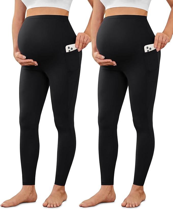 VALANDY Creamlush 2 Pack Women's Maternity Leggings with Pockets Over The Belly,Soft Comfy Active Yoga Lounge Pregnancy Pants
