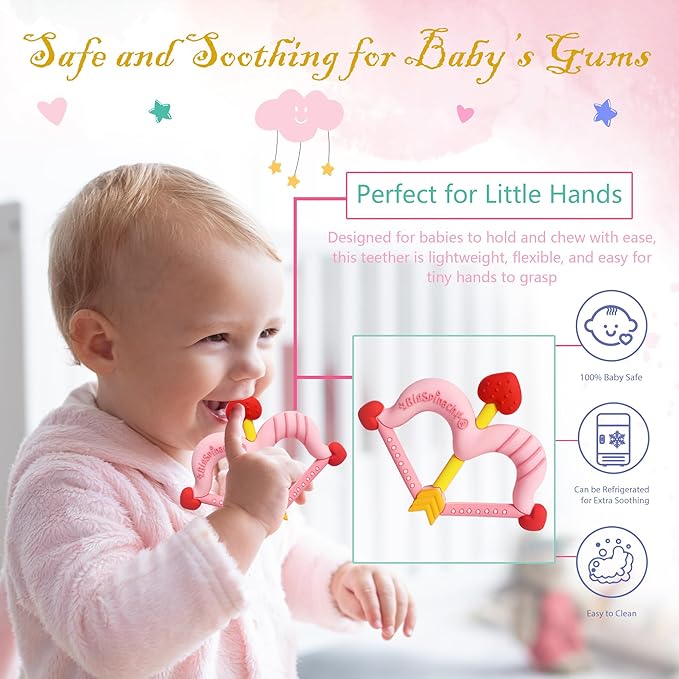 Teethers Heart Shape Silicone Baby Teether Toy Easy for Little Hands to Hold,Cupid Bow and Arrow Soft Teething Toy for Infants,Valentine's Gift for Girl or Boy (Pink)