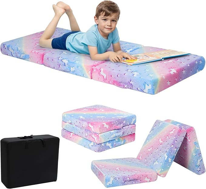 MeMoreCool Foldable Floor Cushion for Kids, Glow Star Trifold Play Mat, Portable Floor Lounger Seat Pad, 57x22 Inch Colorful