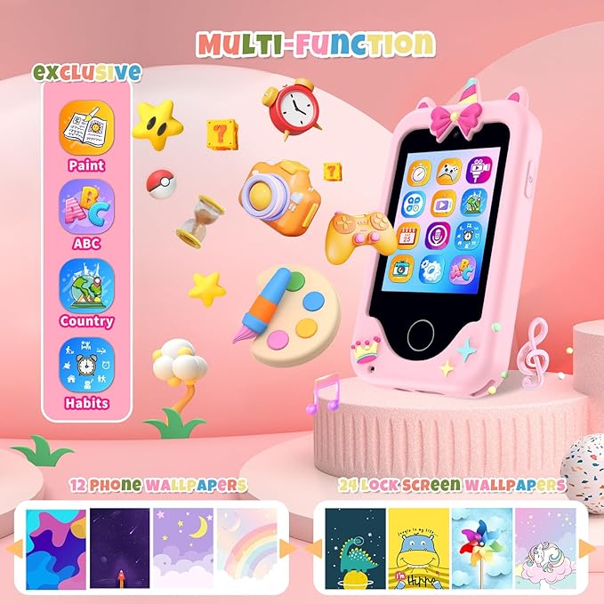 Nikuku Kids Smart Phone for Girls, Toddler Christmas Birthday Gifts for 3-8 Year Old, Childrens Pretend Cell Phones with Puzzle Games, 2.8" Touchscreen Learning Play Toy with Dual Camera(Pink)