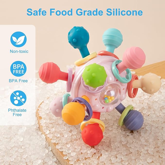 Baby Teething Toys, Baby Teethers Montessori Sensory Toys for 0-6 6-12 Months, Gifts for 1 Year Old Boys Girls Infant Newborn 0 3 6 9 12 18 Months Toys, Pink