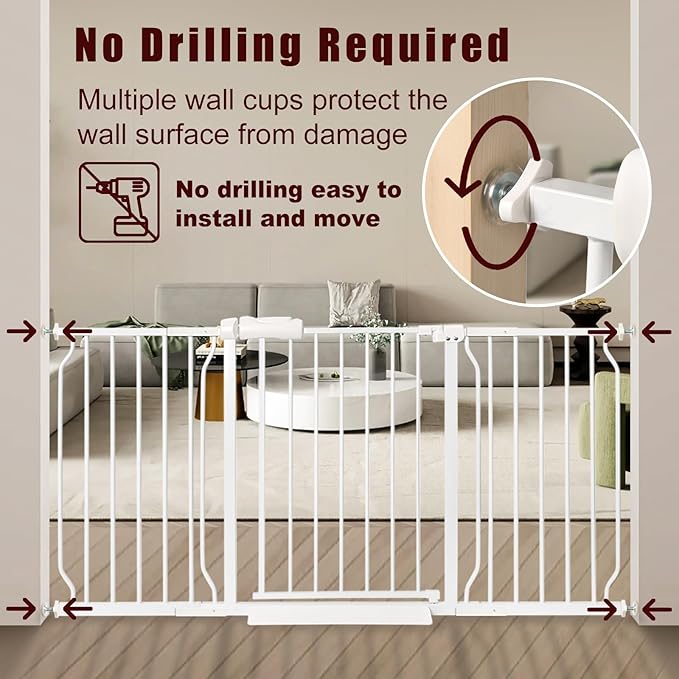 Extra Wide Baby Gate 57.5-66.9 Pressure Mounted,Child Dog Pet Safety Gates with Walk Through Door for Doorways Stairs No Drilling in Door,White