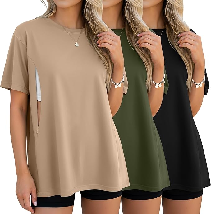 3 Pack Women's Oversize Nursing Breastfeeding Shirts Hidden Zipper Short Sleeve Loose Fit Maternity Tops