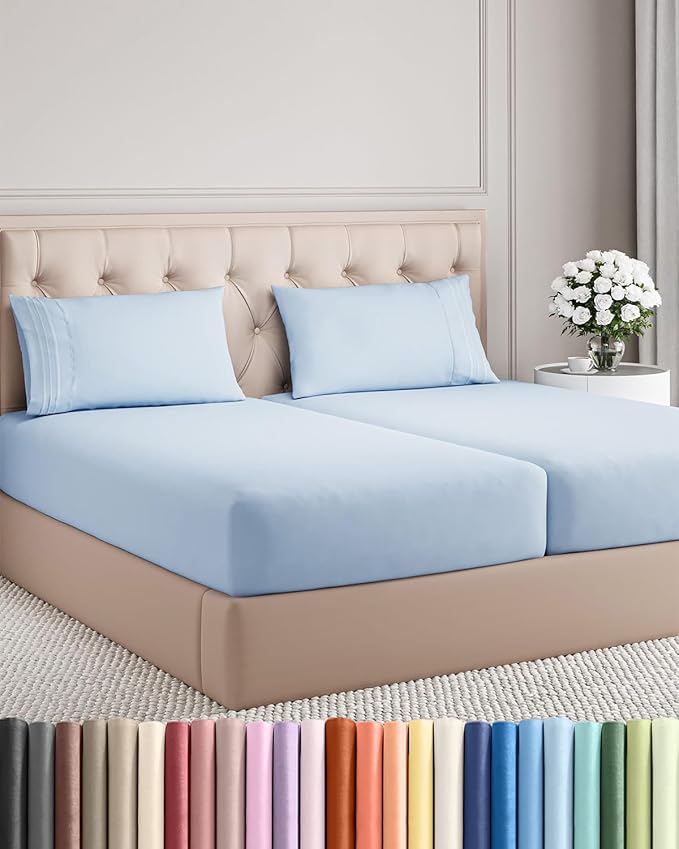 Split King Size 5 Piece Sheet Set - Comfy Breathable & Cooling Bed Sheets Set - Hotel Luxury Bedding for Women, Men, Kids, Teens, Boys & Girls - Deep Pockets, Soft, Wrinkle Free - Oeko-Tex - Sky Blue