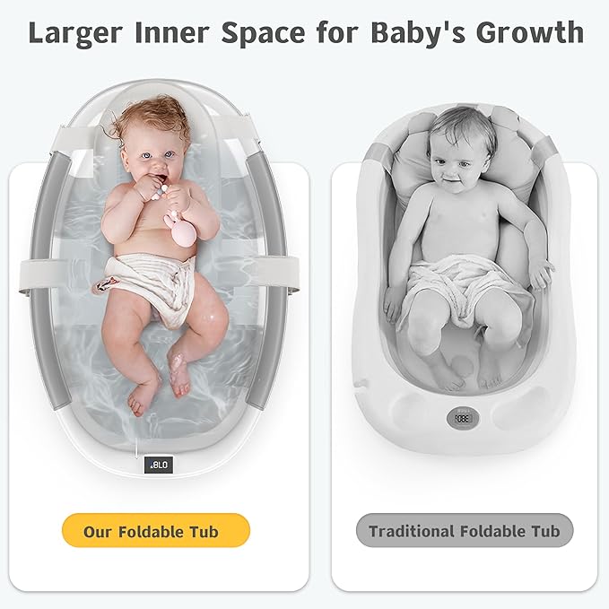 Collapsible Baby Bathtub for Newborn to Toddler 0-36 Months, Spacious Foldable Infant Bath Tub with Thermometer, Cushion & Drain Hole, Portable Travel Tub Grey