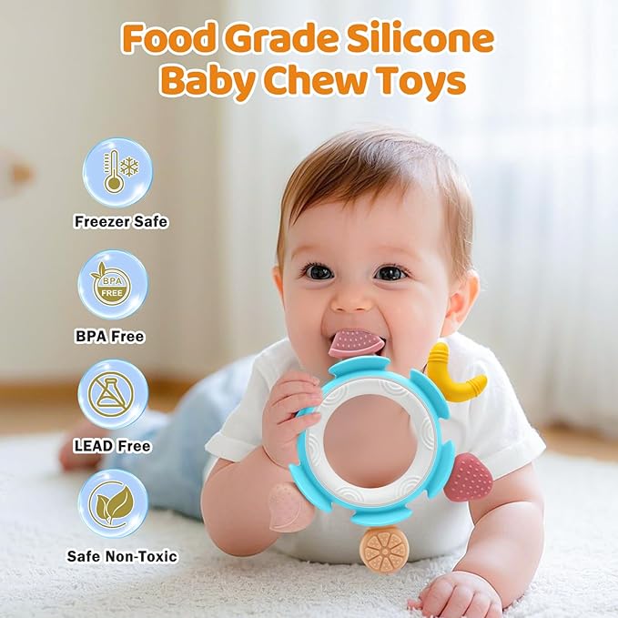 Baby Teething Ring Toy for 3-6-12 Months, Silicone Infant Teether for Sore Gum Relief, Soothing Sensory Chew Toy, Ideal Newborn Gift for Boys Girls Baby Shower, Birthday or Christmas, Blue
