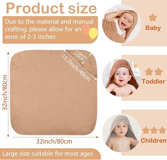 Peryiter 4 Pcs Muslin Hooded Baby Towels 32x32inch Cotton Newborn Bath Essentials Muslin Infant Blankets Absorbent Registry Baby Shower Present for Babies Girl Boy Kids (Brown Series)