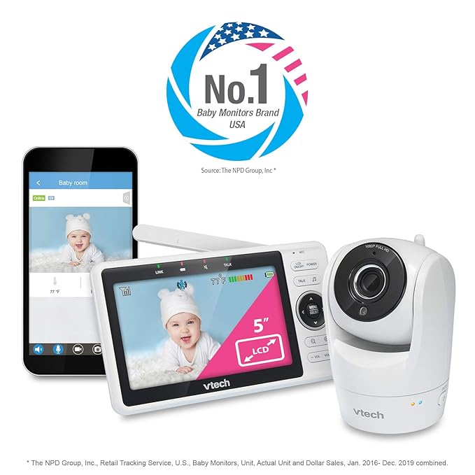 VTech VM901 Smart WiFi Baby Monitor with 1080p FHD Camera and 5" HD IPS Display, Free App, Remote Pan Tilt Zoom, Night Vision, Motion Detection Alerts