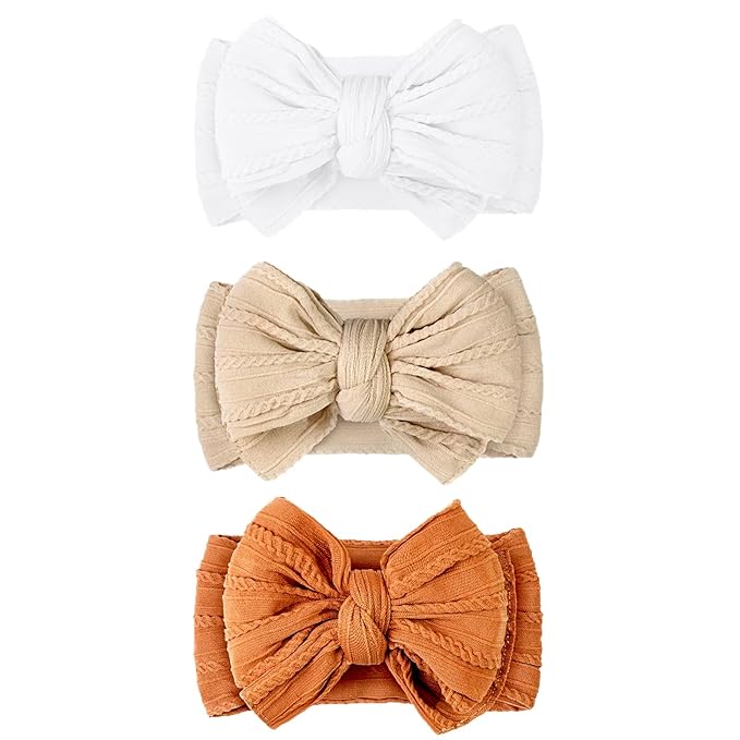 Baby Bows Headbands Soft Nylon Handmade Hair Accessories for Newborn Infant Toddler Kids (3 Mixed Brown, Large)