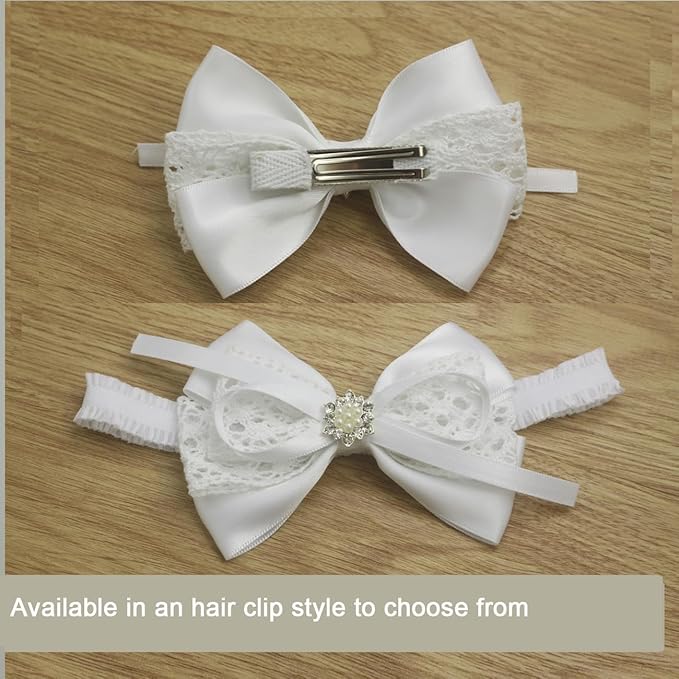 Nihao Baby White Cotton Lace and Satin Bow Hairband with Pearl - Baptism, Communion, First Birthdays - Hair Styling - For Baby Girls - 0-6 Month